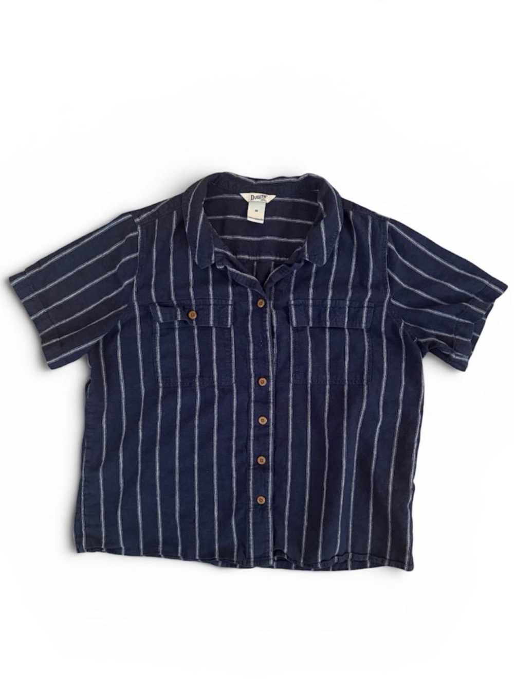 Duluth Trading Company cropped navy pinstriped button up short sleeve shirt hemp